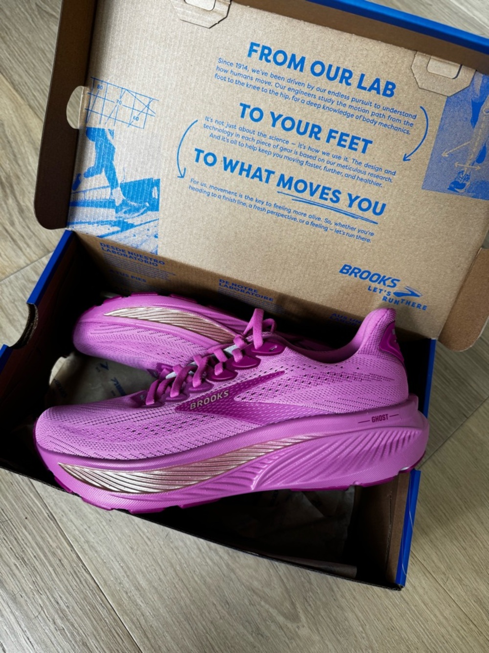 Brooks Ghost 17 Women’s Athletic Shoes in Pink with Gold Accents